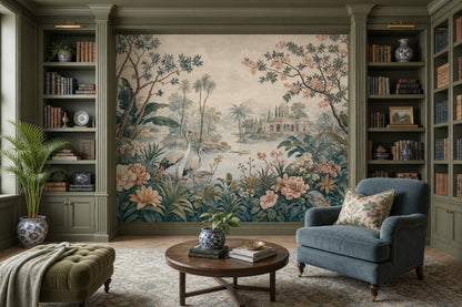Tropical Landscape Wallpaper Floral Mural Cranes Removable Wall Decor
