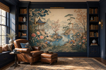 Chinoiserie Wallpaper Asian Landscape Pavilion Wall Mural