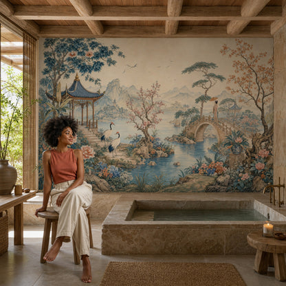 Chinoiserie Wallpaper Asian Landscape Pavilion Wall Mural