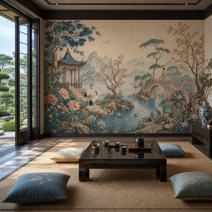 Chinoiserie Wallpaper Asian Landscape Pavilion Wall Mural