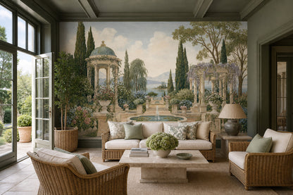 Classical Garden Wallpaper Lake And Mountains Stone Terrace Removable Wall Decor