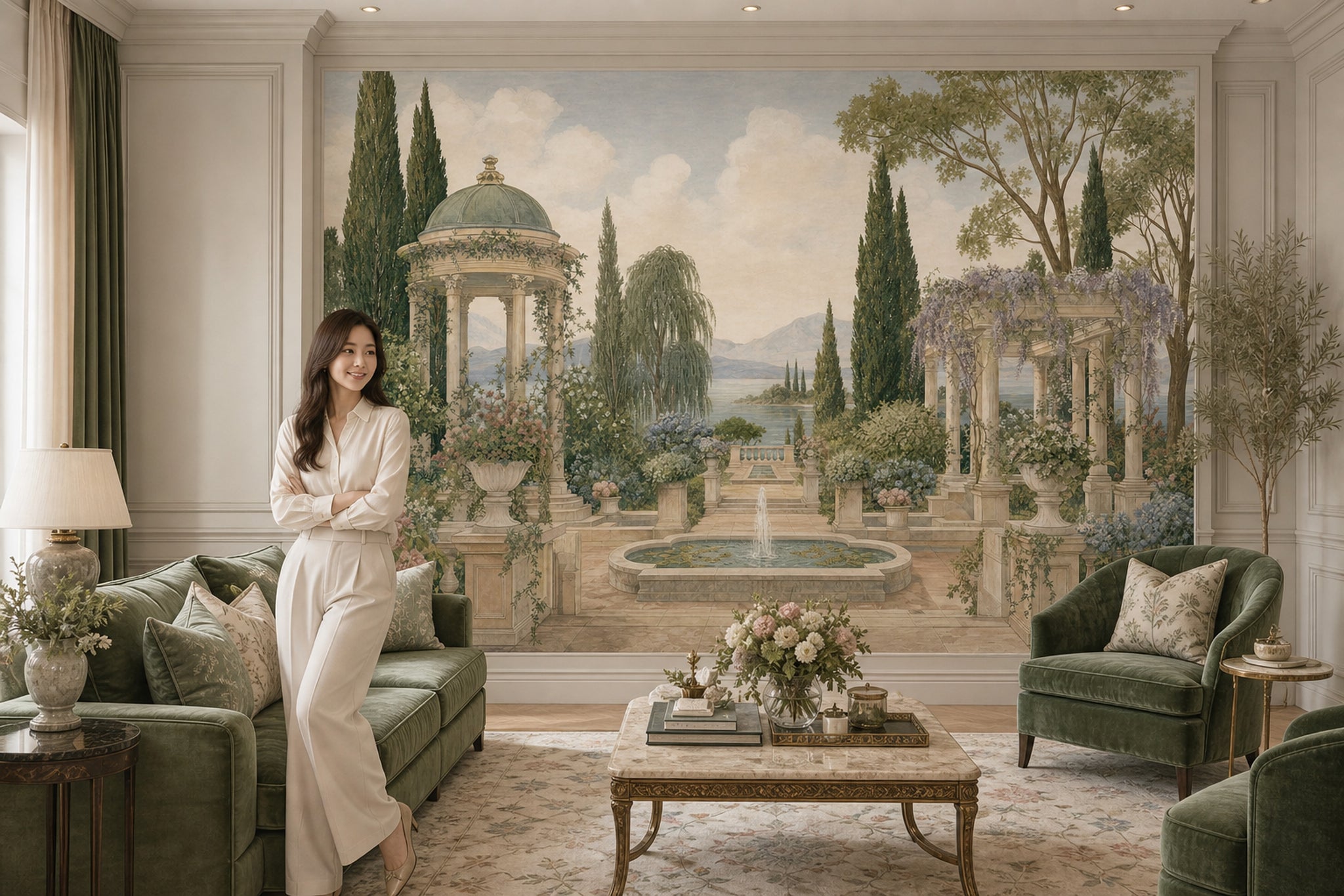 Classical Garden Wallpaper Lake And Mountains Stone Terrace Removable Wall Decor