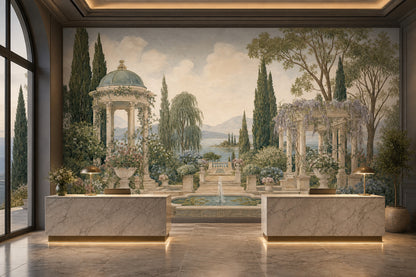 Classical Garden Wallpaper Lake And Mountains Stone Terrace Removable Wall Decor