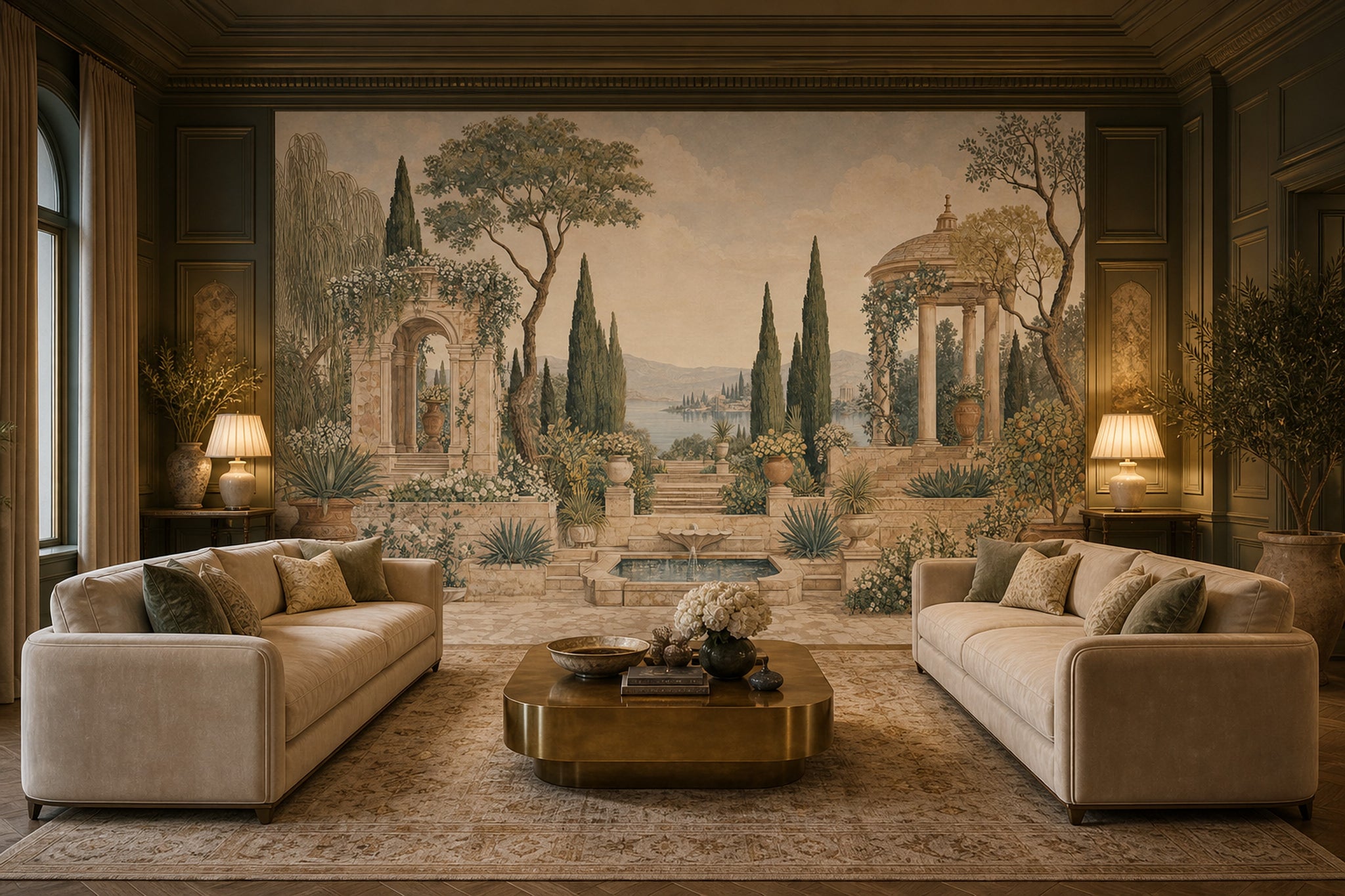 Mediterranean Garden Wallpaper Classical Architecture Cypress Trees Wall Mural