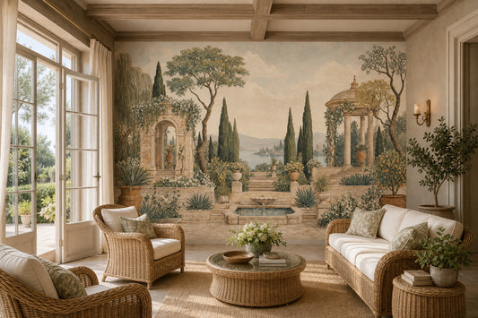 Mediterranean Garden Wallpaper Classical Architecture Cypress Trees Wall Mural