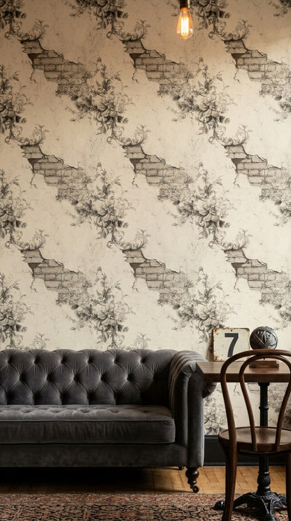 Vintage Floral Sketch Wallpaper Distressed Plaster Removable Exposed Brick Wall Double Roll