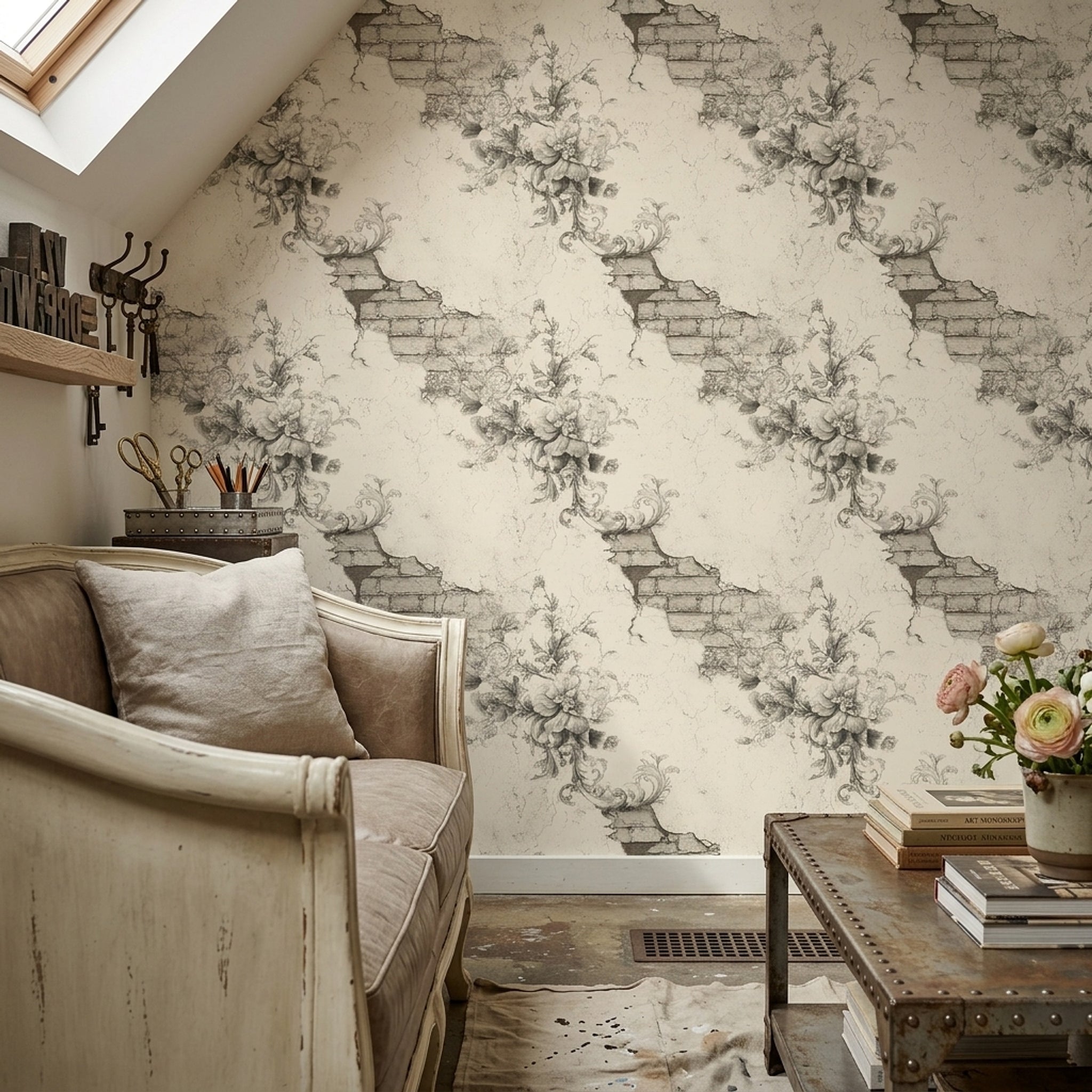 Vintage Floral Sketch Wallpaper Distressed Plaster Removable Exposed Brick Wall Double Roll