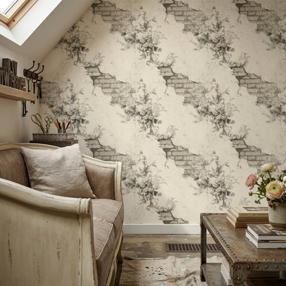 Vintage Floral Sketch Wallpaper Distressed Plaster Removable Exposed Brick Wall Double Roll