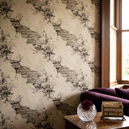Vintage Floral Sketch Wallpaper Distressed Plaster Removable Exposed Brick Wall Double Roll