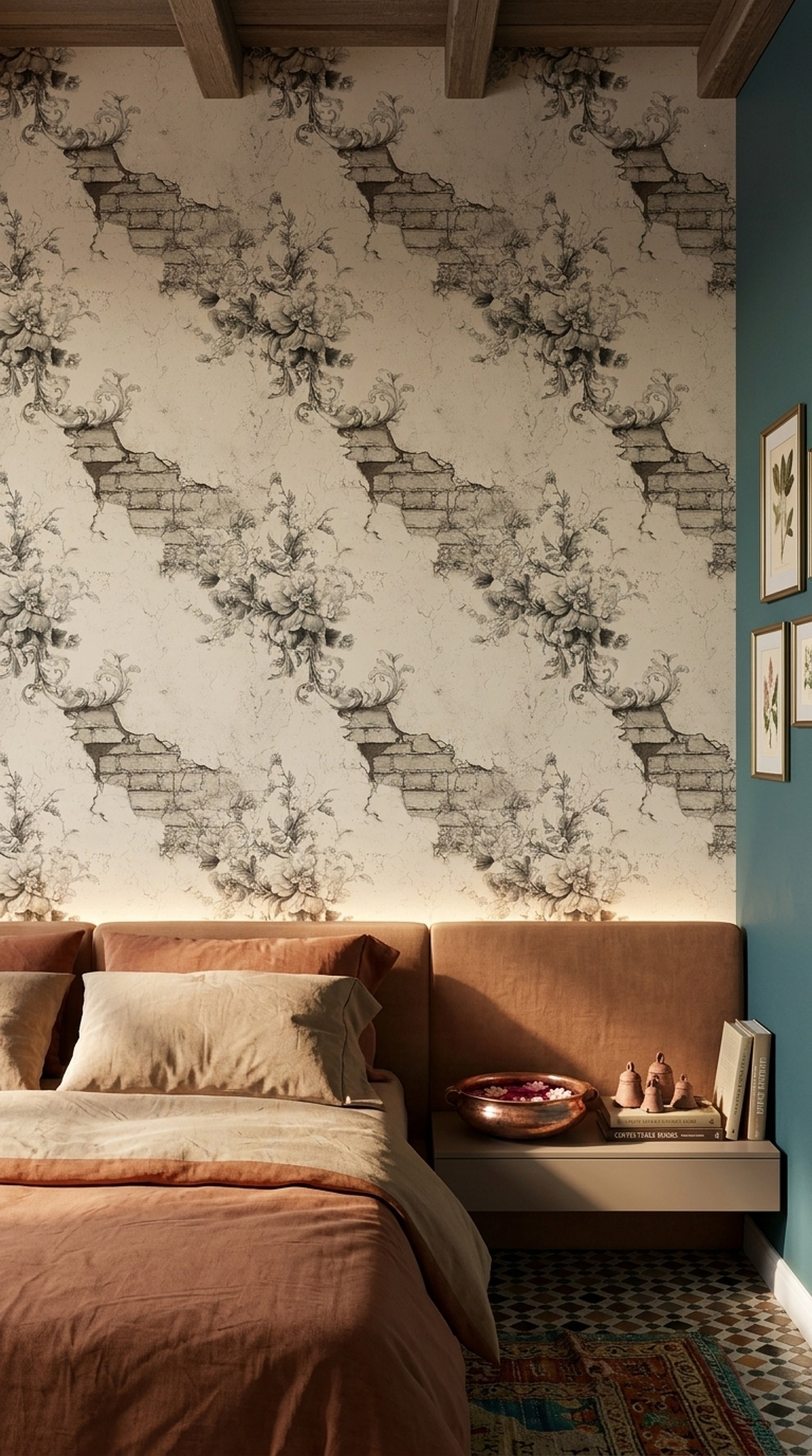 Vintage Floral Sketch Wallpaper Distressed Plaster Removable Exposed Brick Wall Double Roll