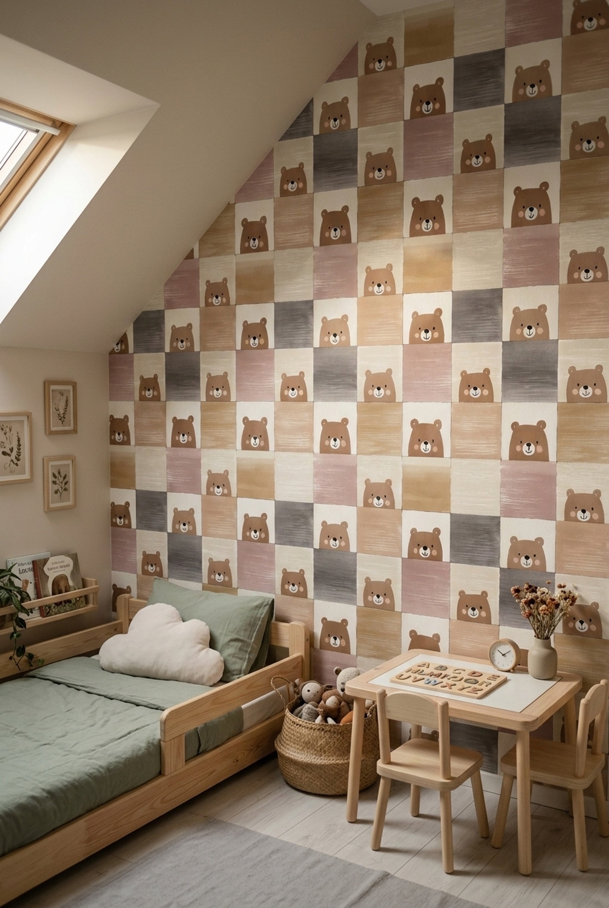 Checkered Wallpaper Cute Bear Nursery Decorative Mural