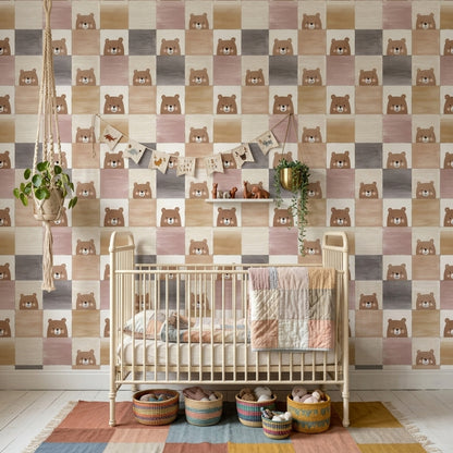 Checkered Wallpaper Cute Bear Nursery Decorative Mural