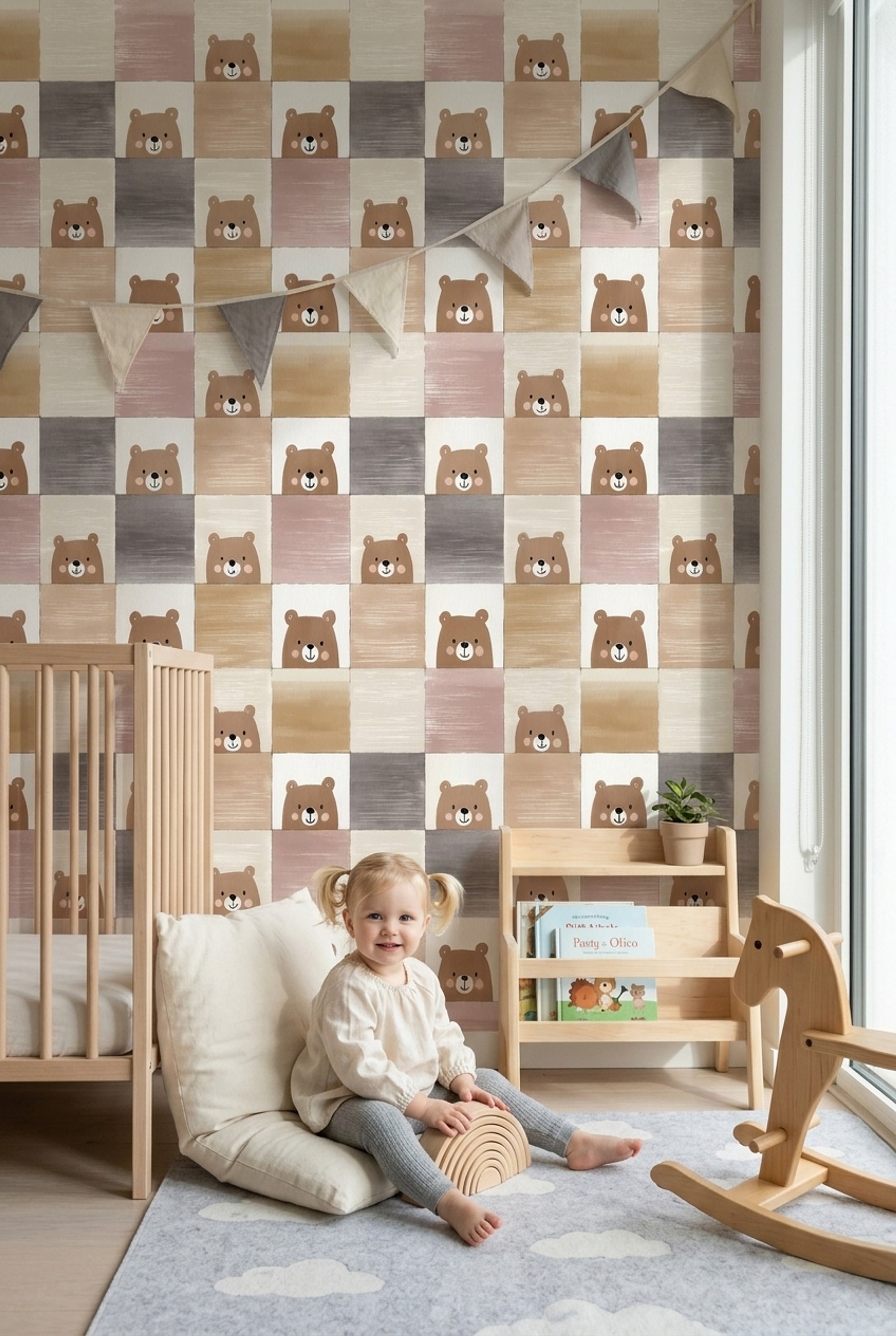 Checkered Wallpaper Cute Bear Nursery Decorative Mural