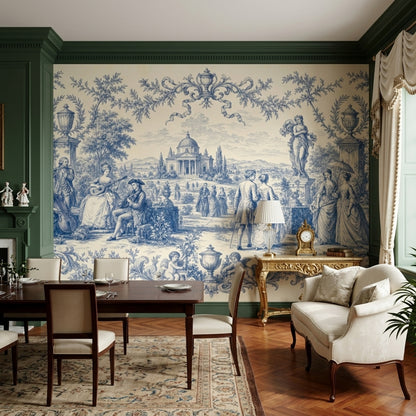 Blue Toile Wallpaper Pastoral Landscape French Country Wall Mural