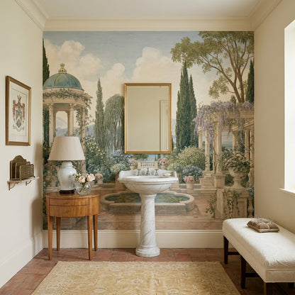 Classical Garden Wallpaper Lake And Mountains Stone Terrace Removable Wall Decor