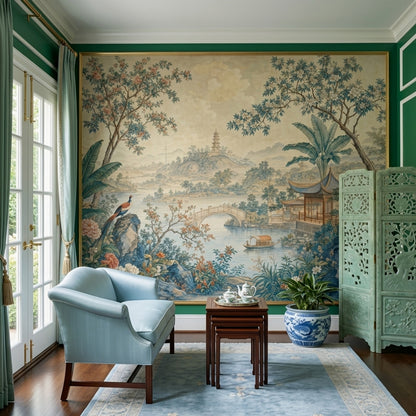 Chinoiserie Wallpaper Pagoda Asian Landscape Wall Mural
