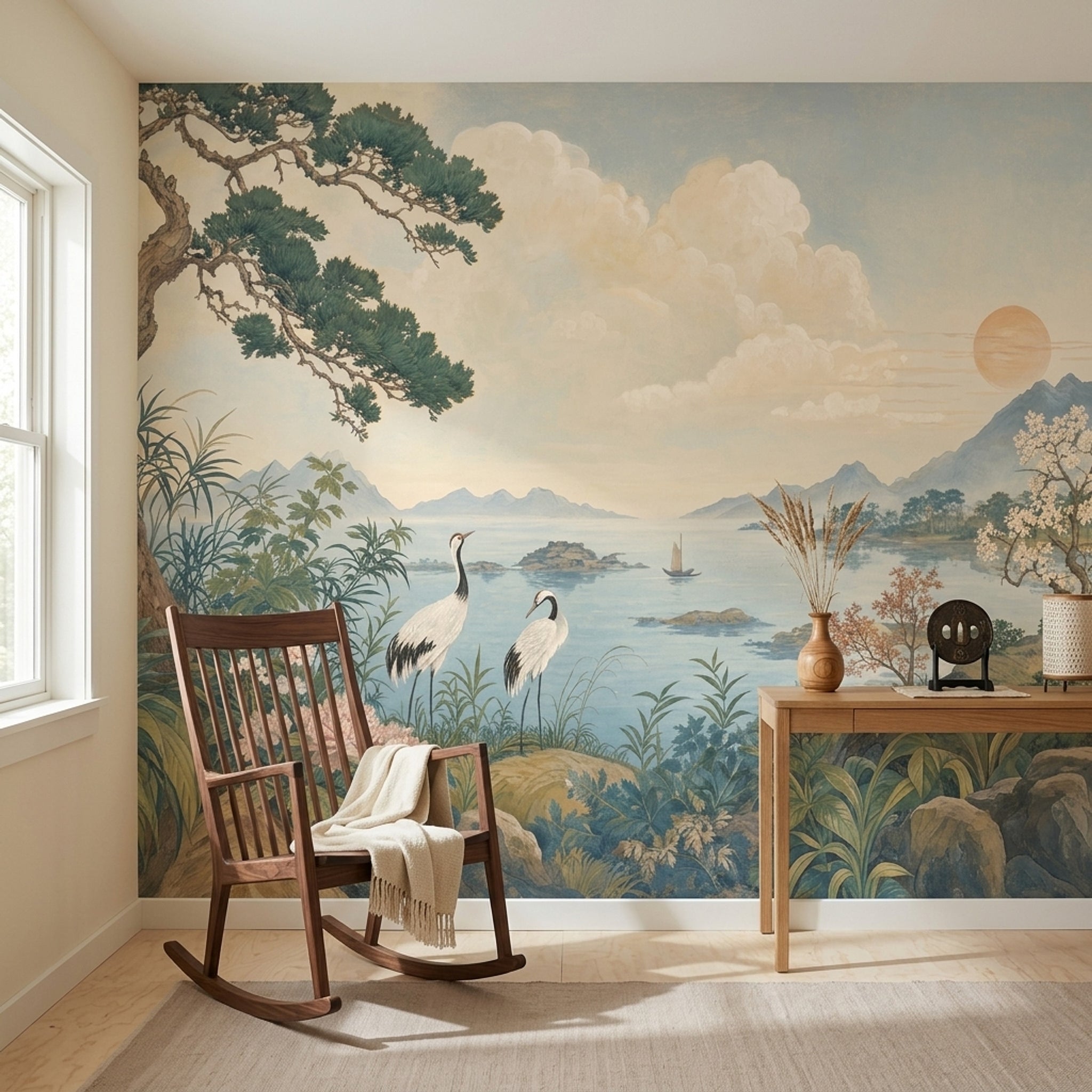 Landscape Mural Wallpaper East Asian Inspired Cranes Removable Wall Decor