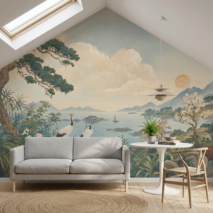 Landscape Mural Wallpaper East Asian Inspired Cranes Removable Wall Decor
