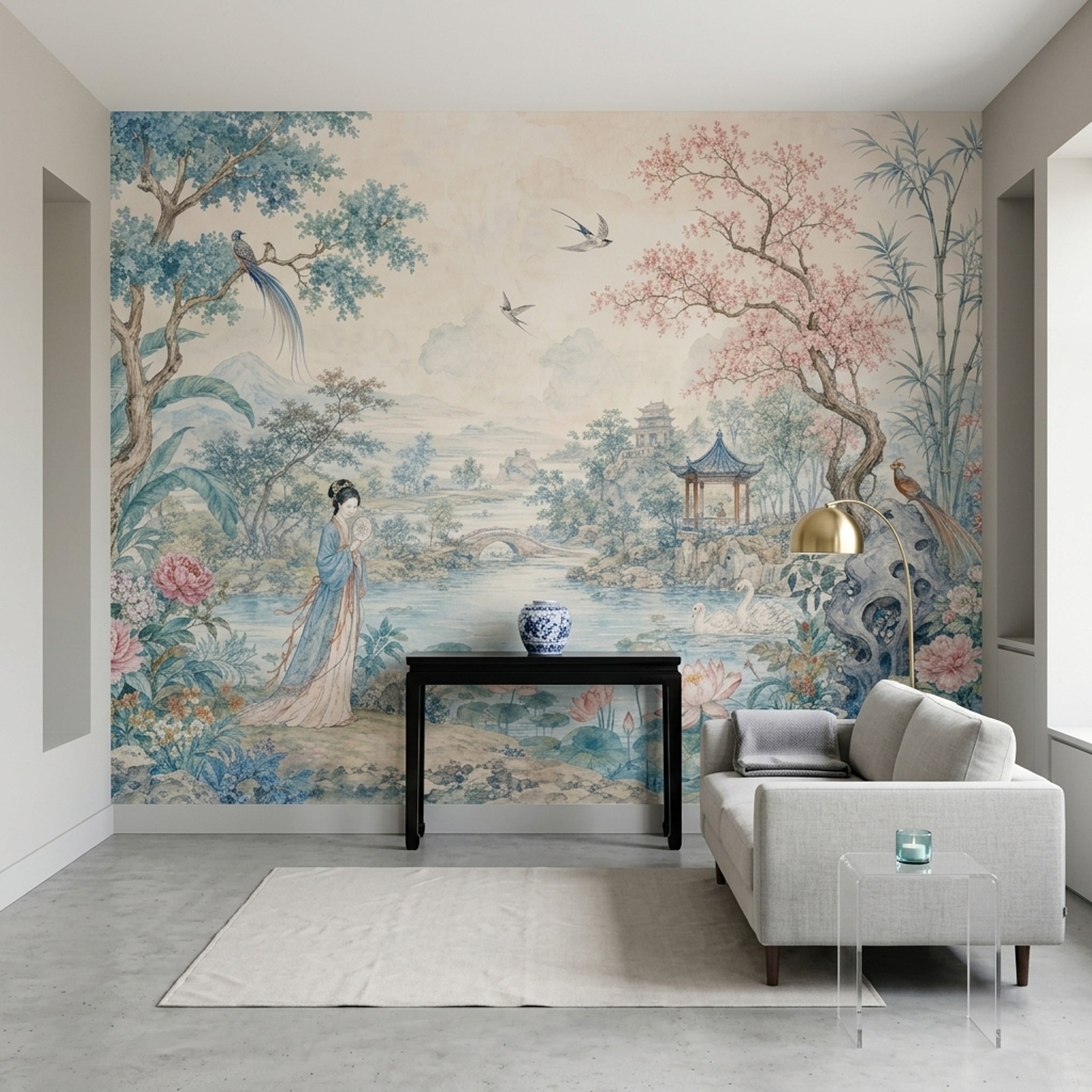 Chinoiserie Wallpaper Asian Landscape Removable Watercolor Mural Wall Decor