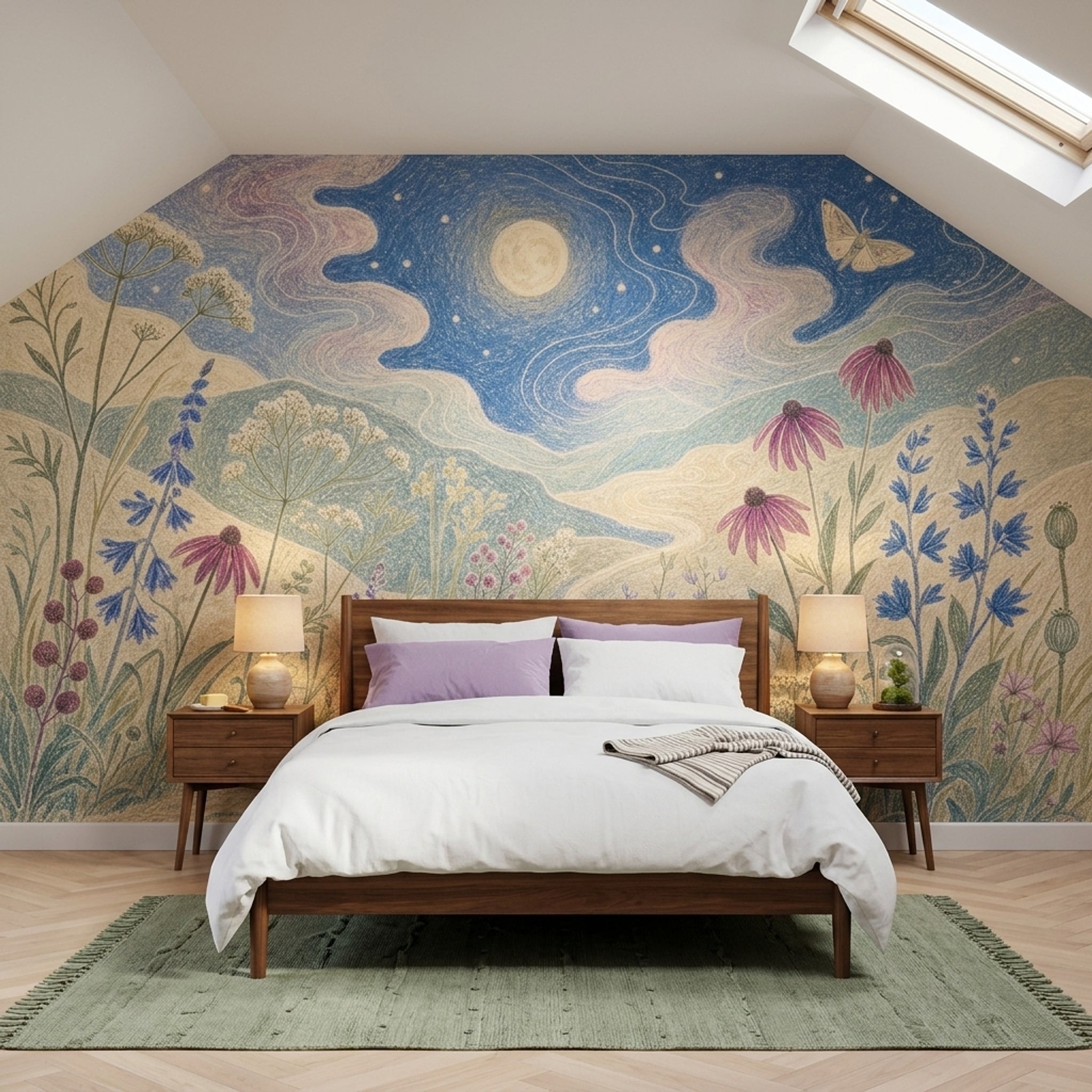 Moonlit Landscape Wallpaper Wildflower Meadow Removable Night Sky Wall Decor