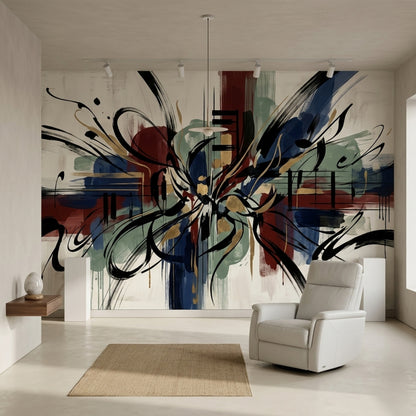 Gestural Brushstrokes Wallpaper Geometric Blocks Gold Accents Removable Wall Decor