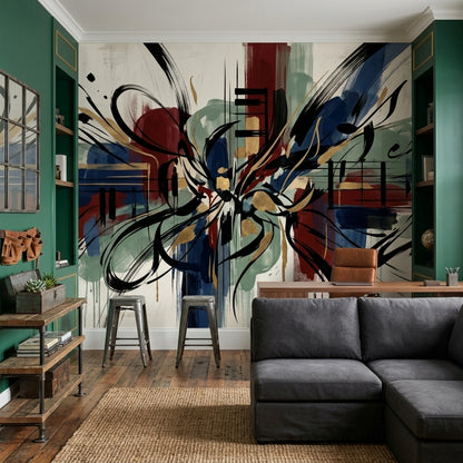 Gestural Brushstrokes Wallpaper Geometric Blocks Gold Accents Removable Wall Decor