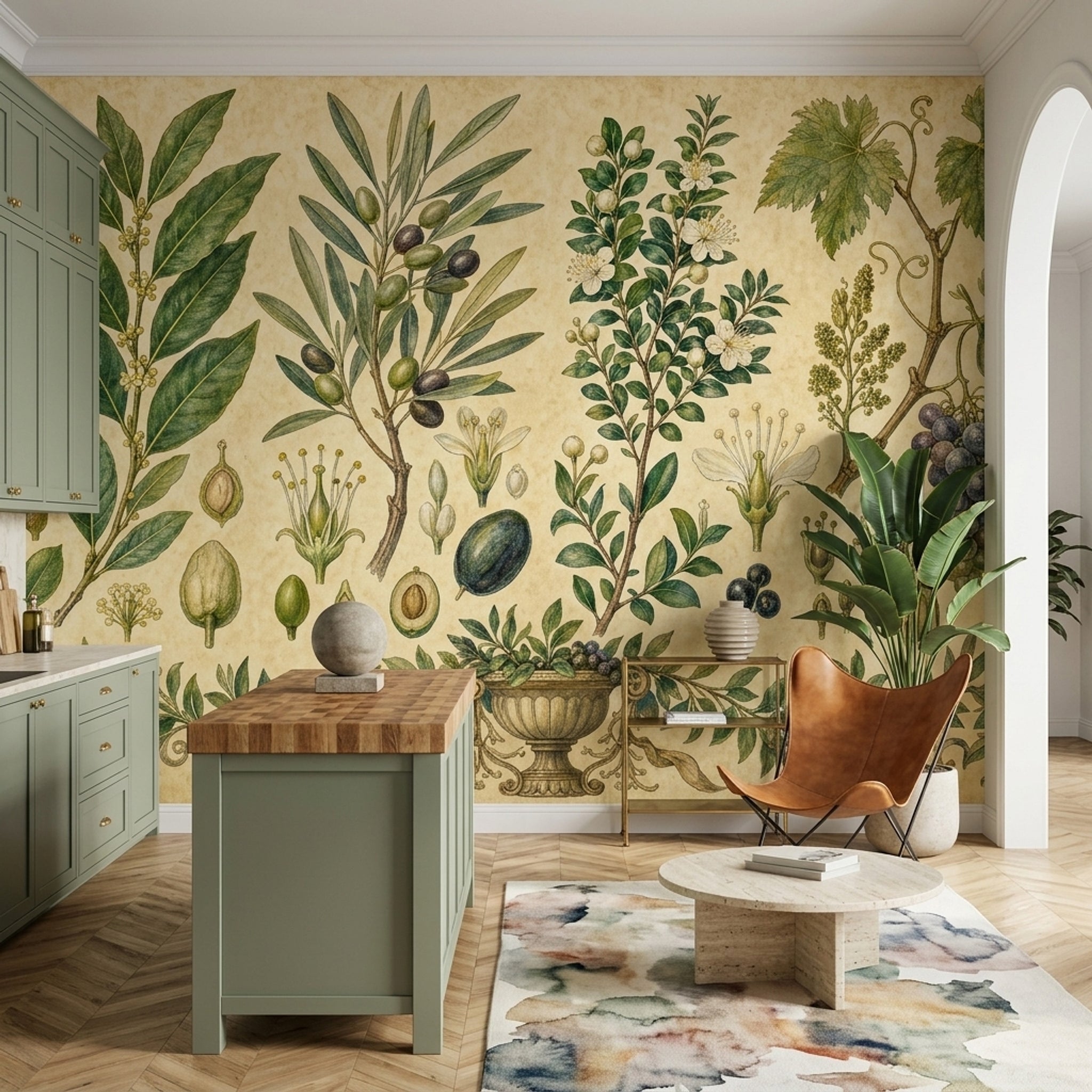 Muted Green Wallpaper Botanical Vintage Wall Mural