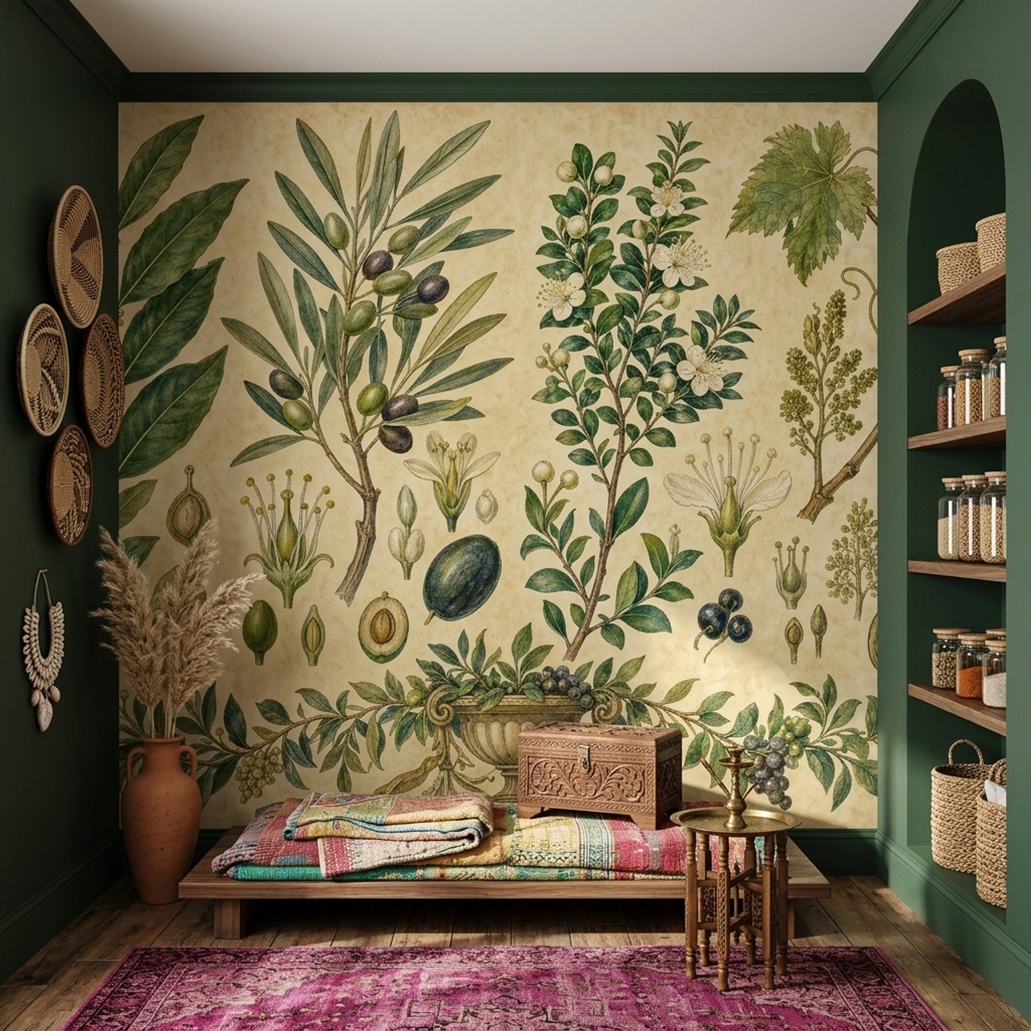 Muted Green Wallpaper Botanical Vintage Wall Mural