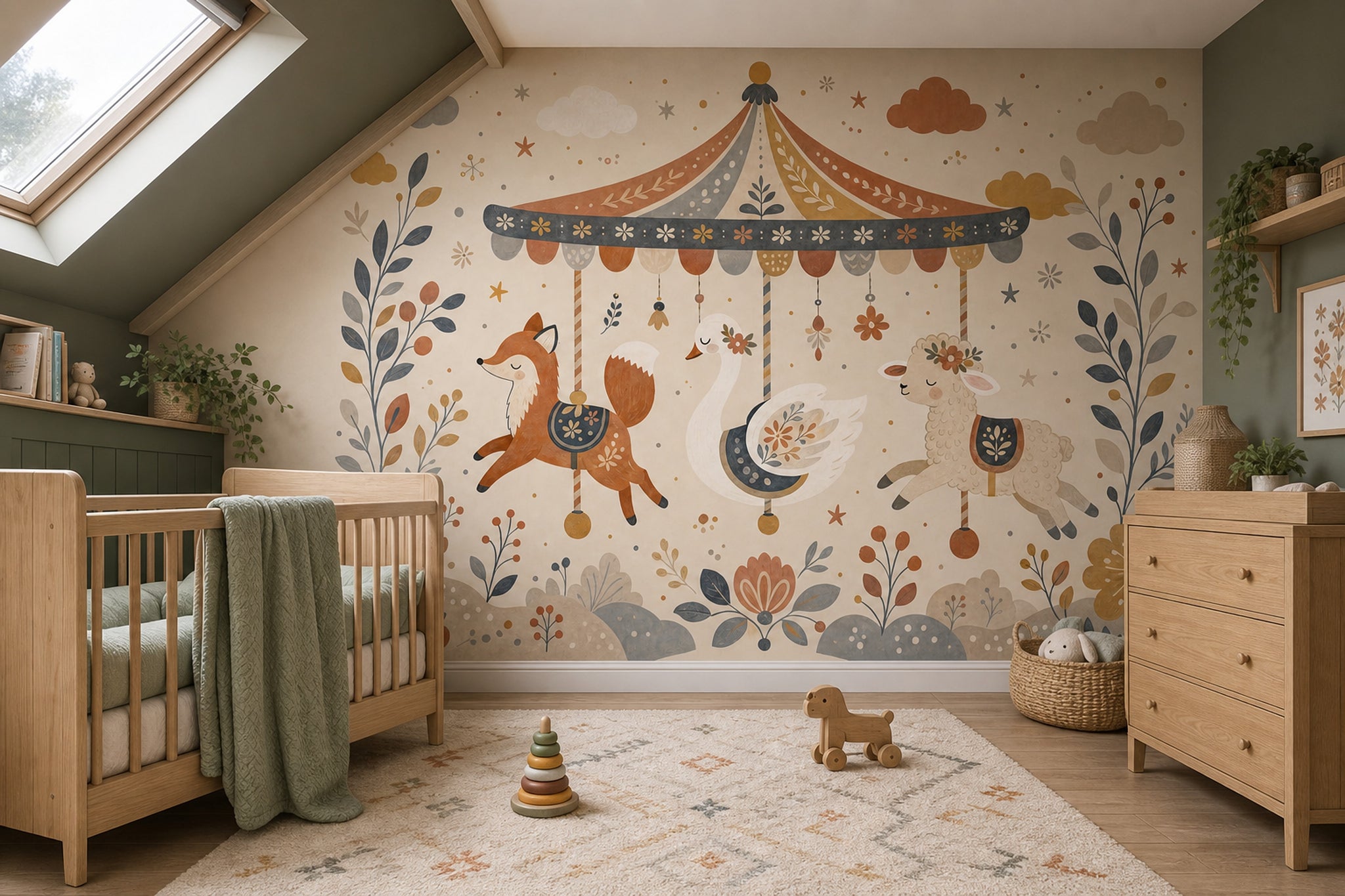 Whimsical Carousel Wallpaper Nursery Animals Folk Floral Wall Mural