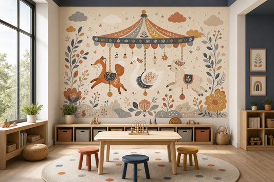 Whimsical Carousel Wallpaper Nursery Animals Folk Floral Wall Mural