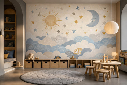 Cloudy Sky Wallpaper Dreamy Nursery Moon And Stars Removable Wall Decor