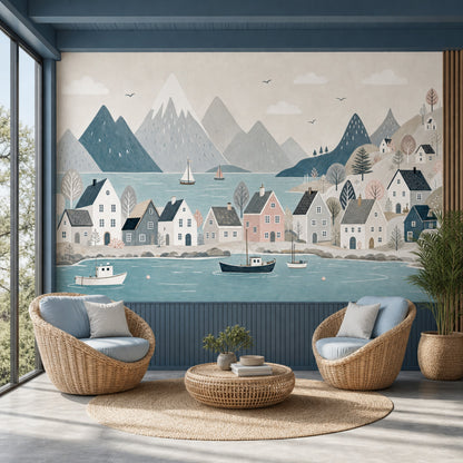 Scandinavian Fjord Wallpaper Coastal Village Watercolor Illustration Wall Mural