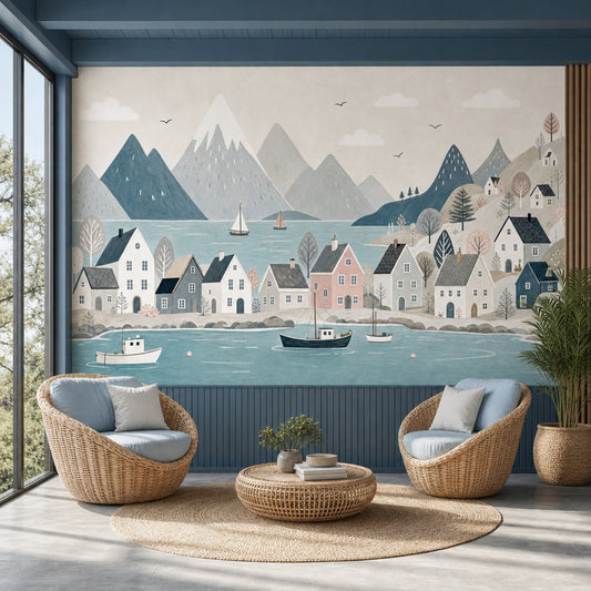 Scandinavian Fjord Wallpaper Coastal Village Watercolor Illustration Wall Mural
