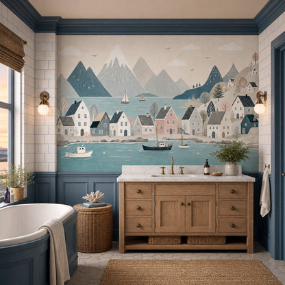 Scandinavian Fjord Wallpaper Coastal Village Watercolor Illustration Wall Mural