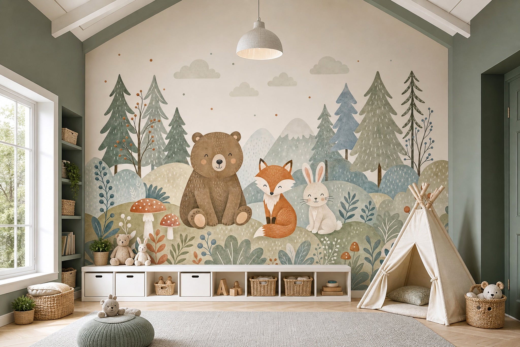 Muted Green Wallpaper Woodland Removable Nursery Wall Decor