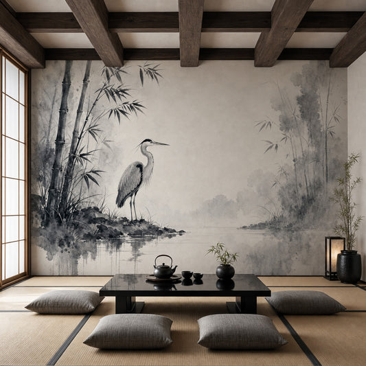 Ink Wash Wallpaper Bamboo Heron Removable Wall Decor