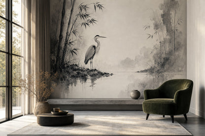Ink Wash Wallpaper Bamboo Heron Removable Wall Decor