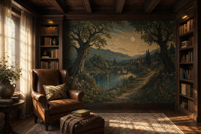 Landscape Mural Wallpaper Moonlit Countryside River And Stone Bridge Wall Mural