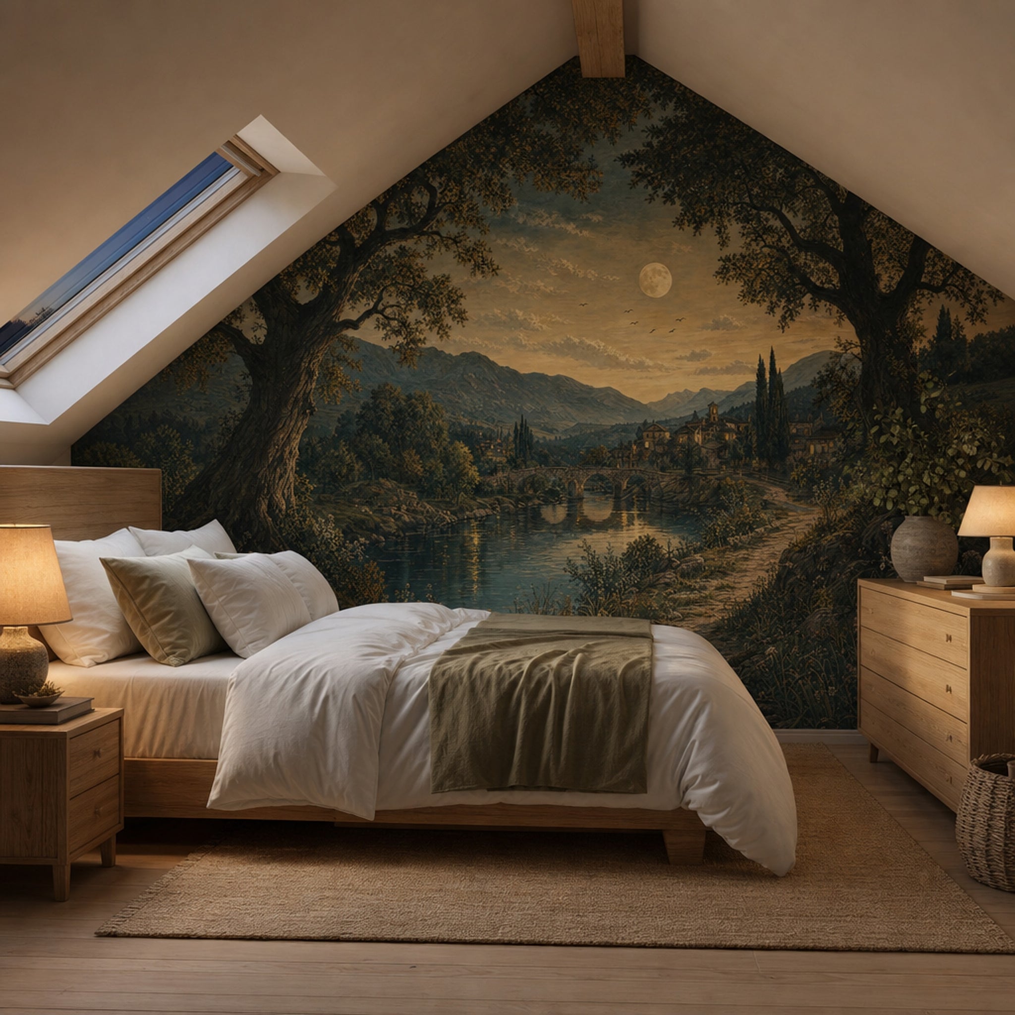 Landscape Mural Wallpaper Moonlit Countryside River And Stone Bridge Wall Mural