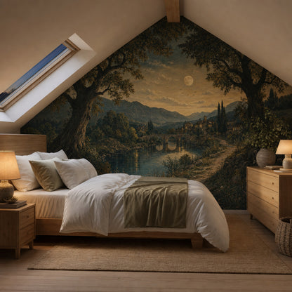 Landscape Mural Wallpaper Moonlit Countryside River And Stone Bridge Wall Mural