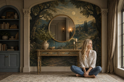 Landscape Mural Wallpaper Moonlit Countryside River And Stone Bridge Wall Mural