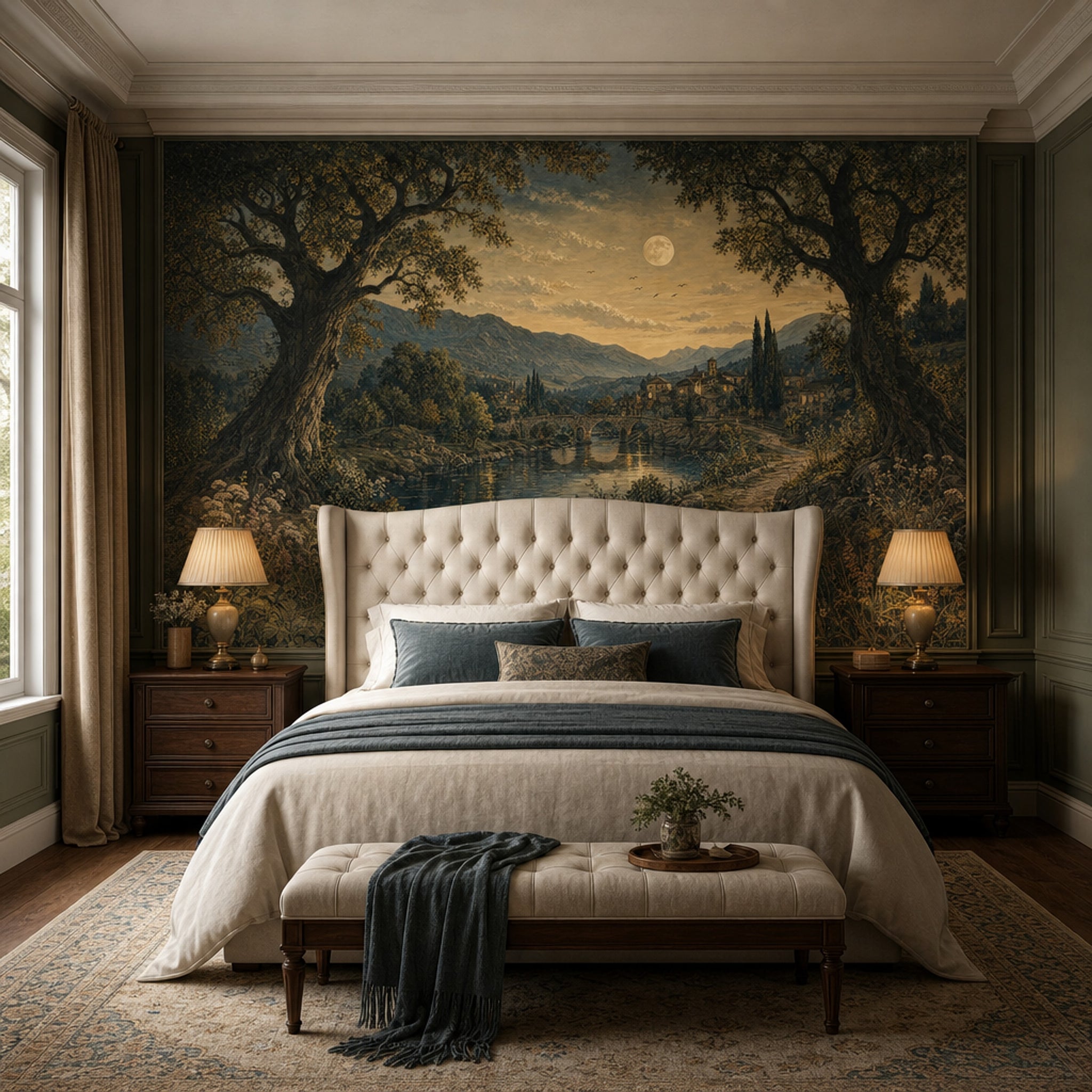 Landscape Mural Wallpaper Moonlit Countryside River And Stone Bridge Wall Mural