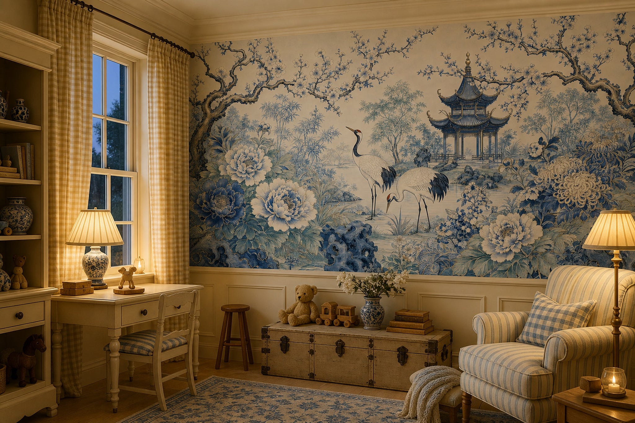 Chinoiserie Wallpaper Blue And White Cranes Removable Wall Decor