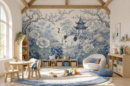 Chinoiserie Wallpaper Blue And White Cranes Removable Wall Decor