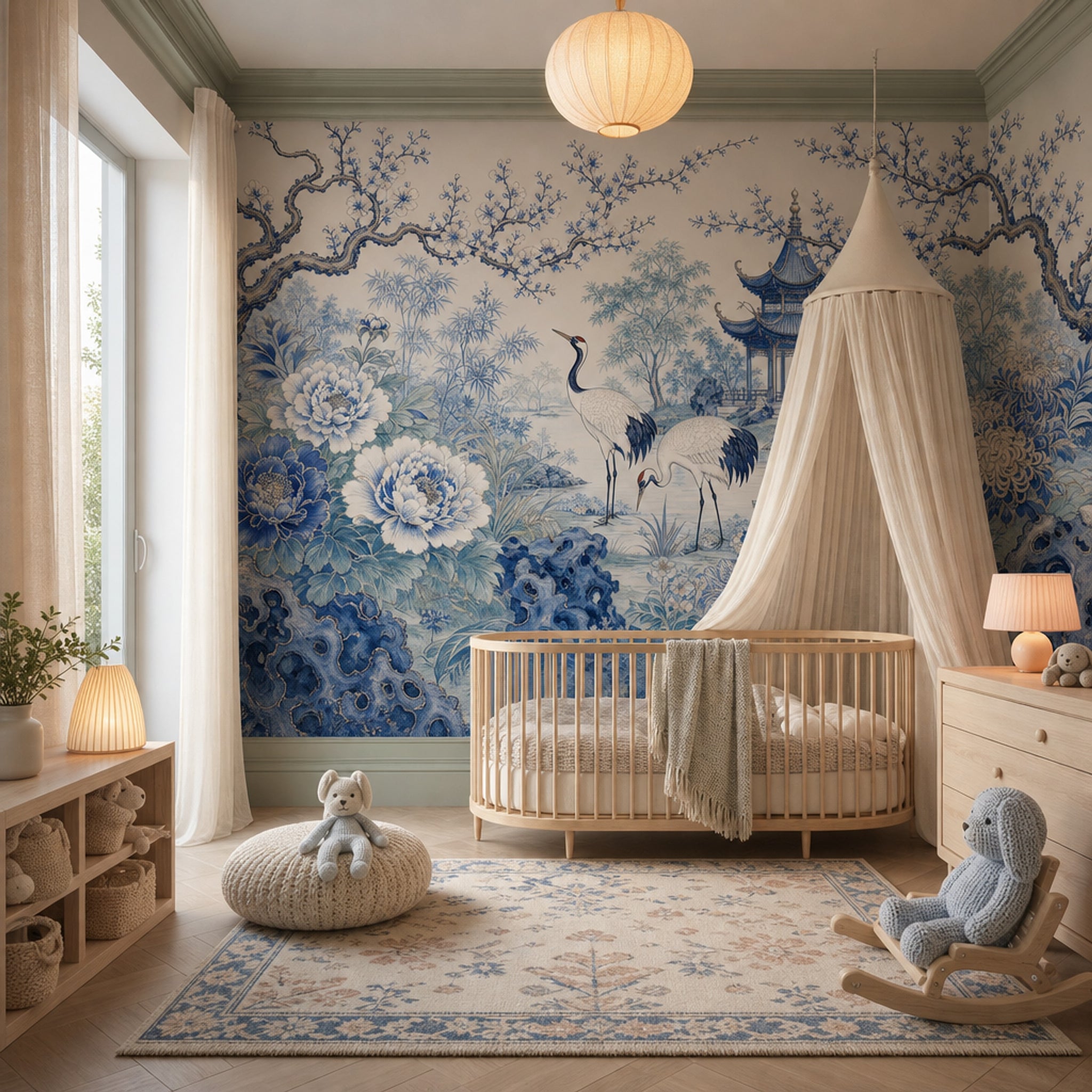 Chinoiserie Wallpaper Blue And White Cranes Removable Wall Decor