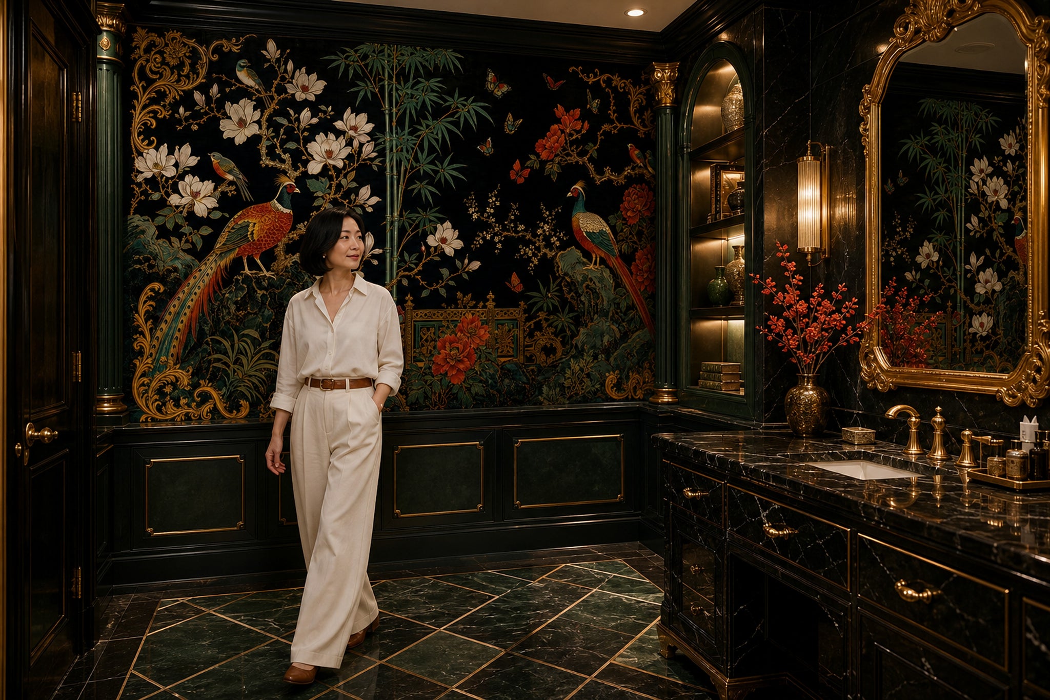 Chinoiserie Wallpaper Birds Removable Bamboo Wall Decor
