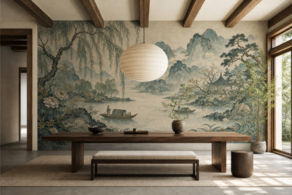 East Asian Landscape Wallpaper Misty Mountains River Wall Mural