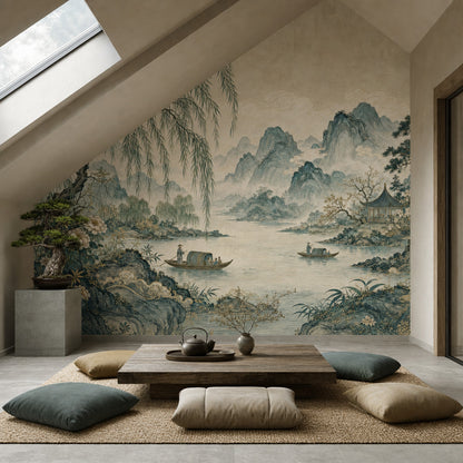 East Asian Landscape Wallpaper Misty Mountains River Wall Mural