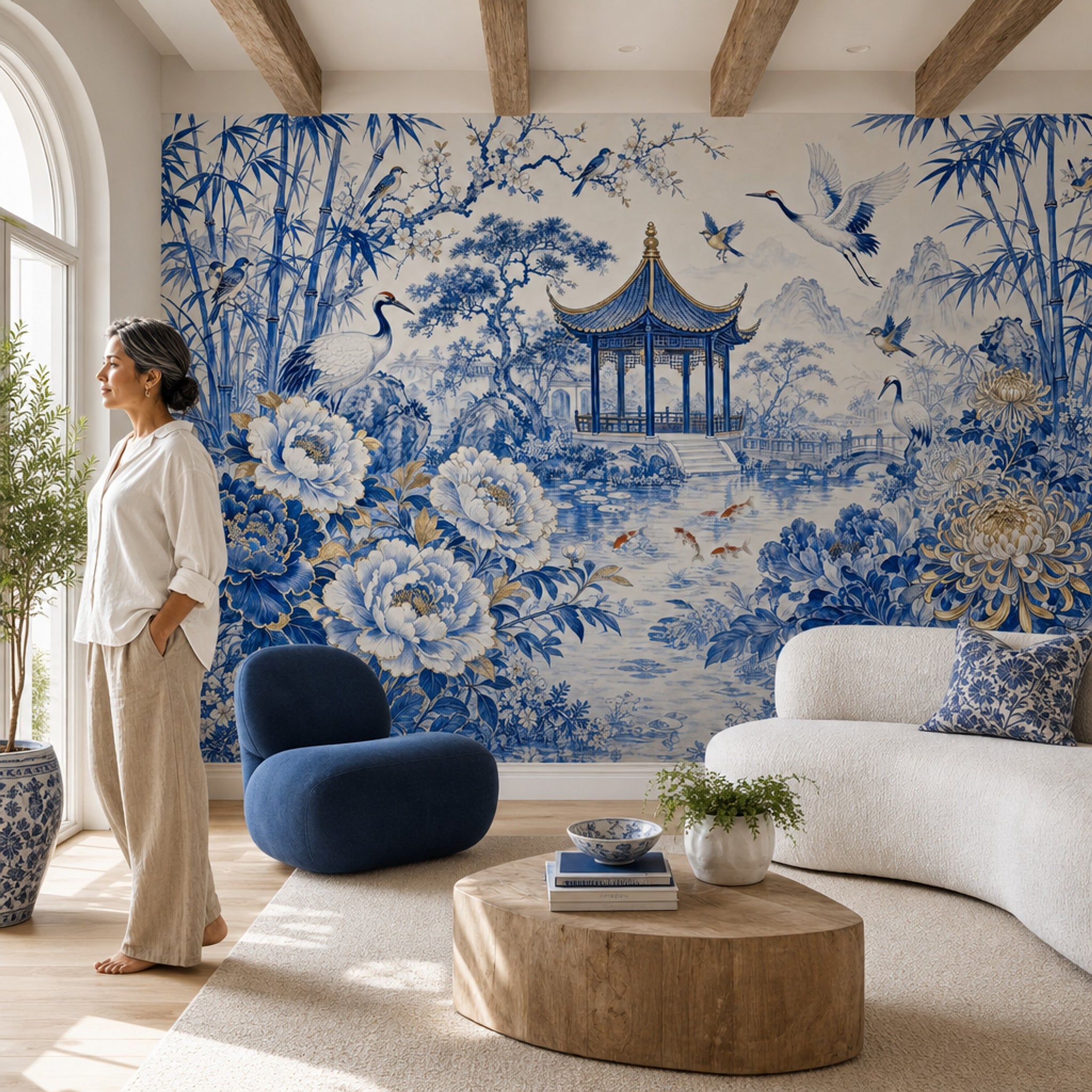 Chinoiserie Wallpaper Blue And White Removable Chinese Garden Pavilion Wall Decor