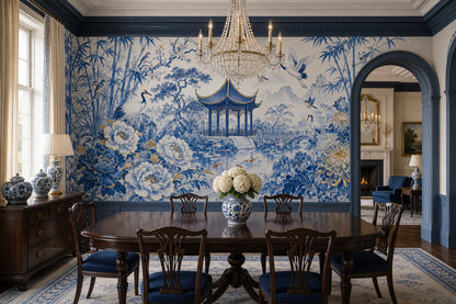 Chinoiserie Wallpaper Blue And White Removable Chinese Garden Pavilion Wall Decor